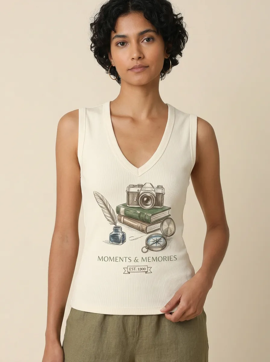Women's Vintage Traveler Camera Books Printed V-neck Tank Top