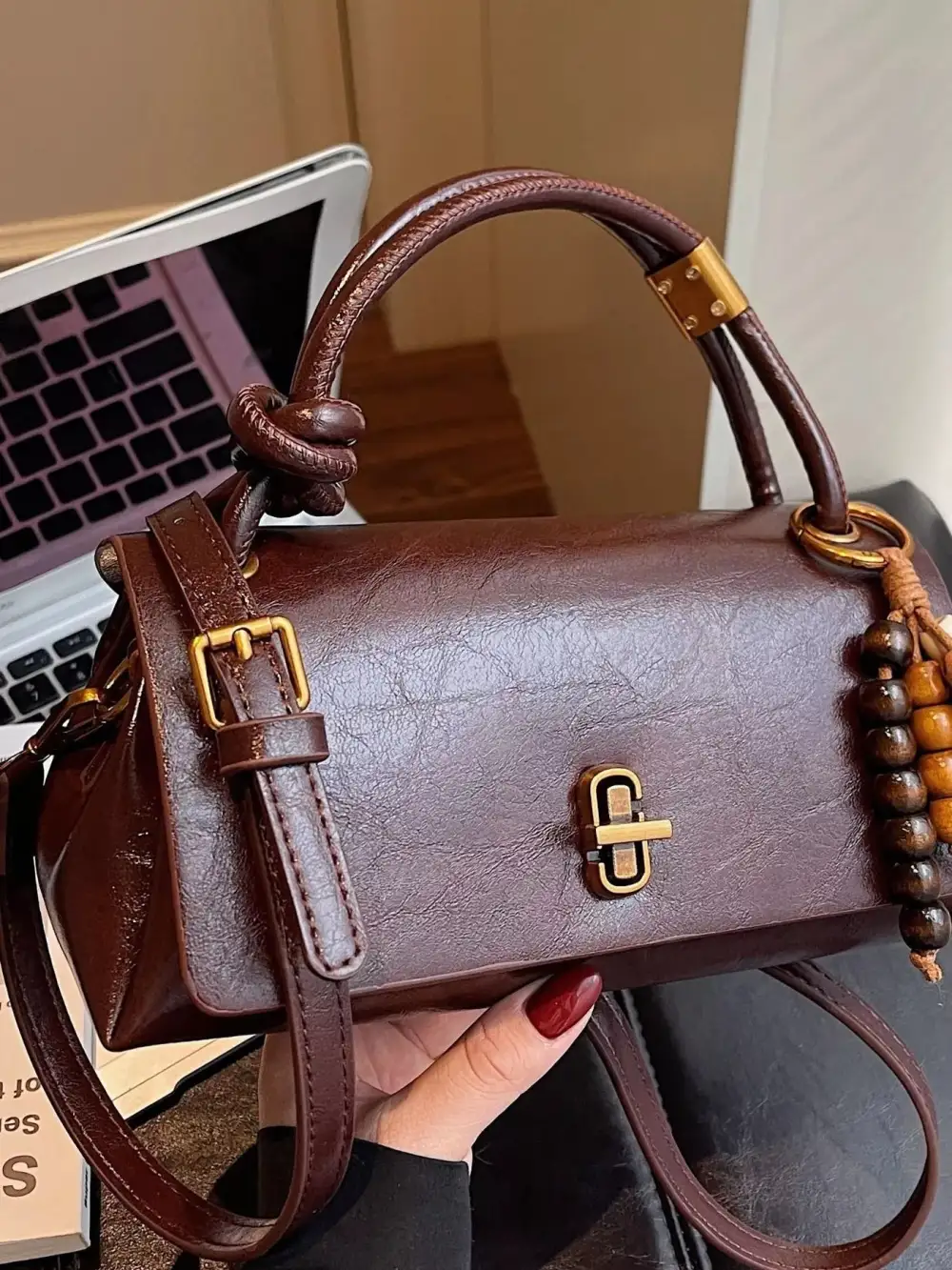 Bead Charm Faux Leather Crossbody