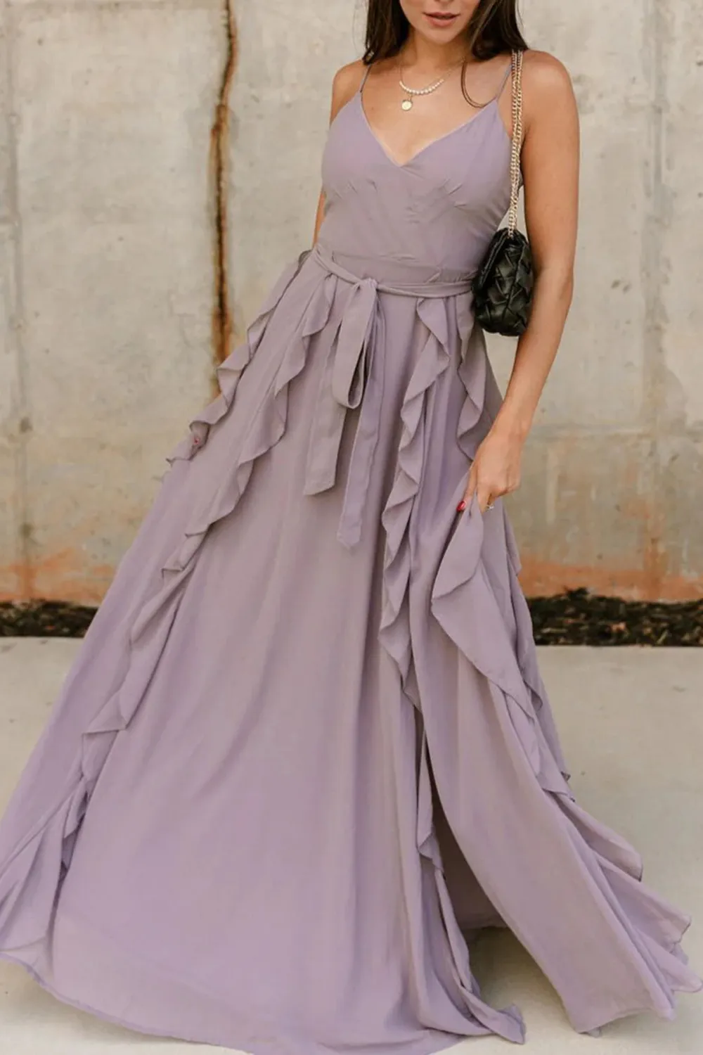 Ruffle Detail Tied Waist Maxi Dress