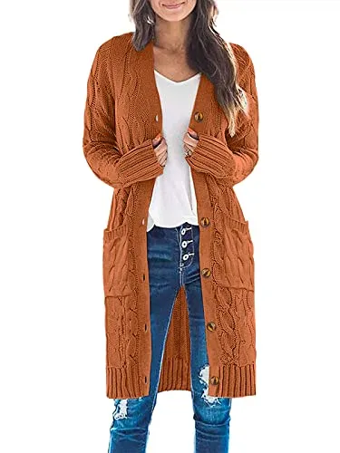 Womens Long Sleeve Cable Knit Long Cardigan Open Front Button Sweater Outerwear