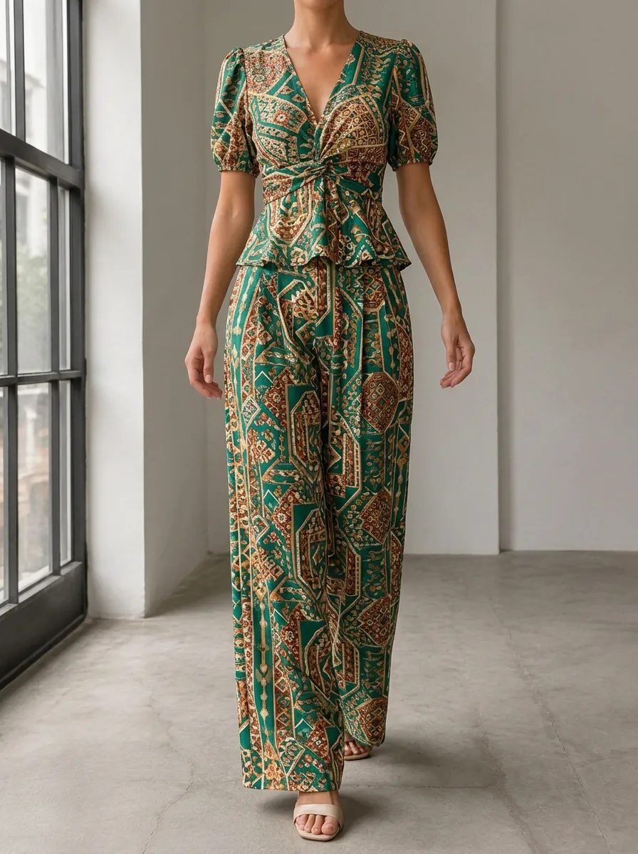 Women's Boho Geometric Pattern Patterned Peplum Wide Leg Pants Set