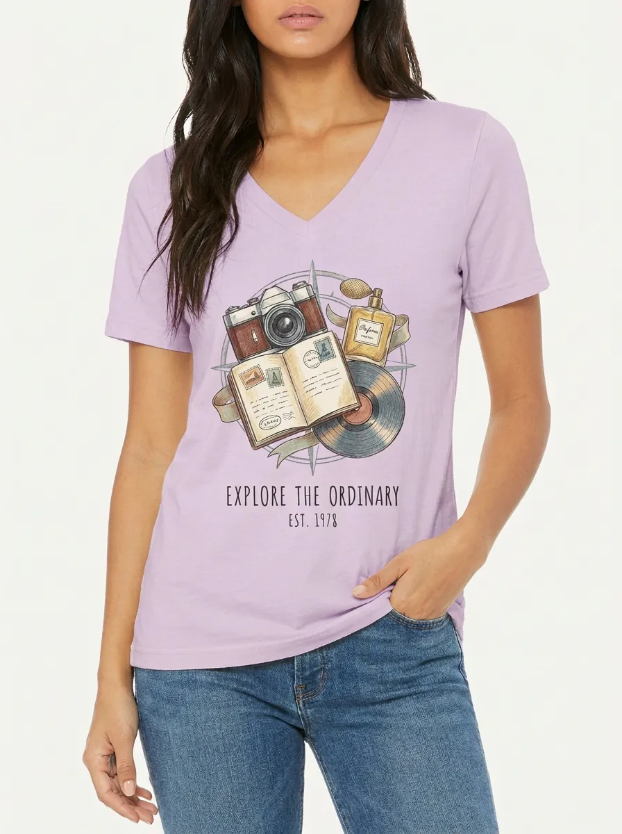 Women's Travel Hobbyist Camera Journal Vinyl Graphic V-Neck T-Shirt