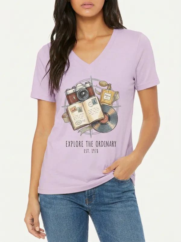 Women's Travel Hobbyist Camera Journal Vinyl Graphic V-Neck T-Shirt