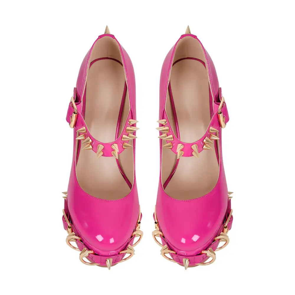 Patent Finish Rivet Round Toe Platform Chunky Heel Pumps