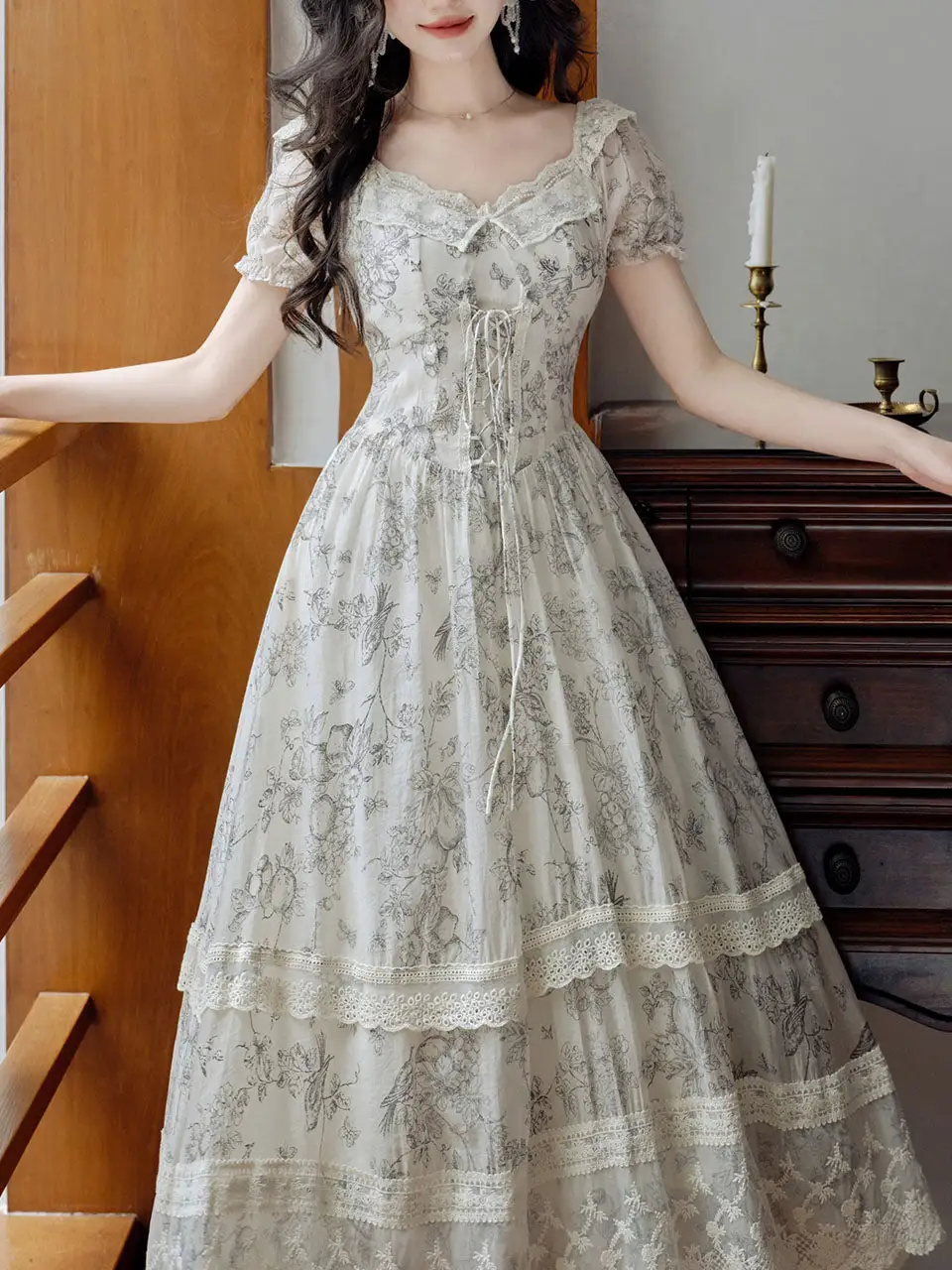 Lace Corset Crew Neck Long Dress