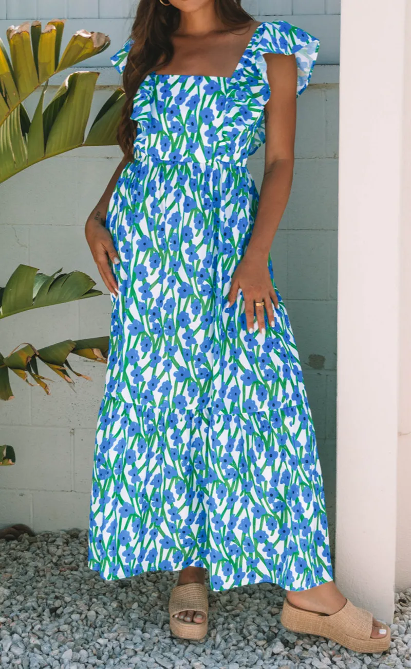 Floral Print Square Neck Ruffled Strap Maxi Dress