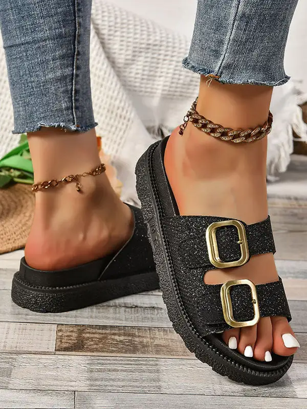Buckle Cutout Open-Toe Polished Flat Sandals