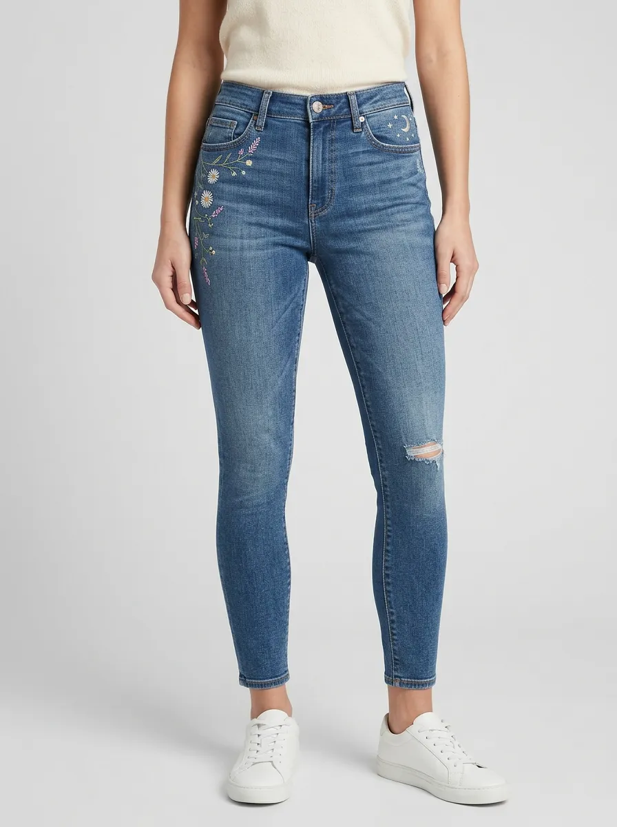 Women's Floral Moon Celestial Embroidered Printed Slim Jeans