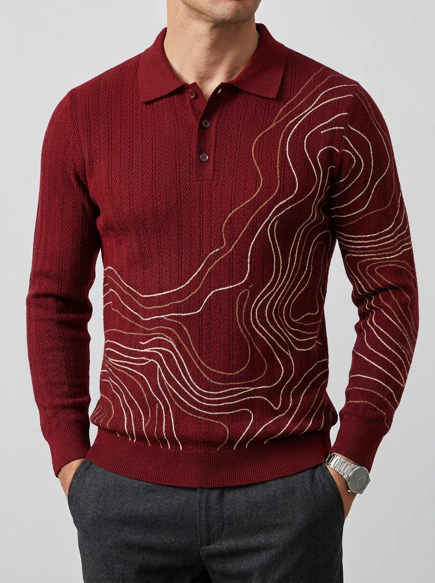 Men's Topographic Map Everyday Long Sleeve Polo Shirt