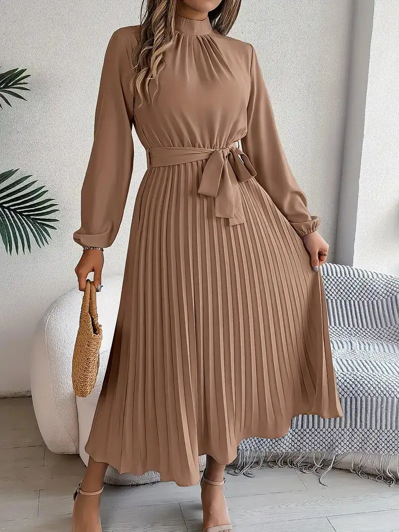  Long Sleeve Pleated Midi Dress
