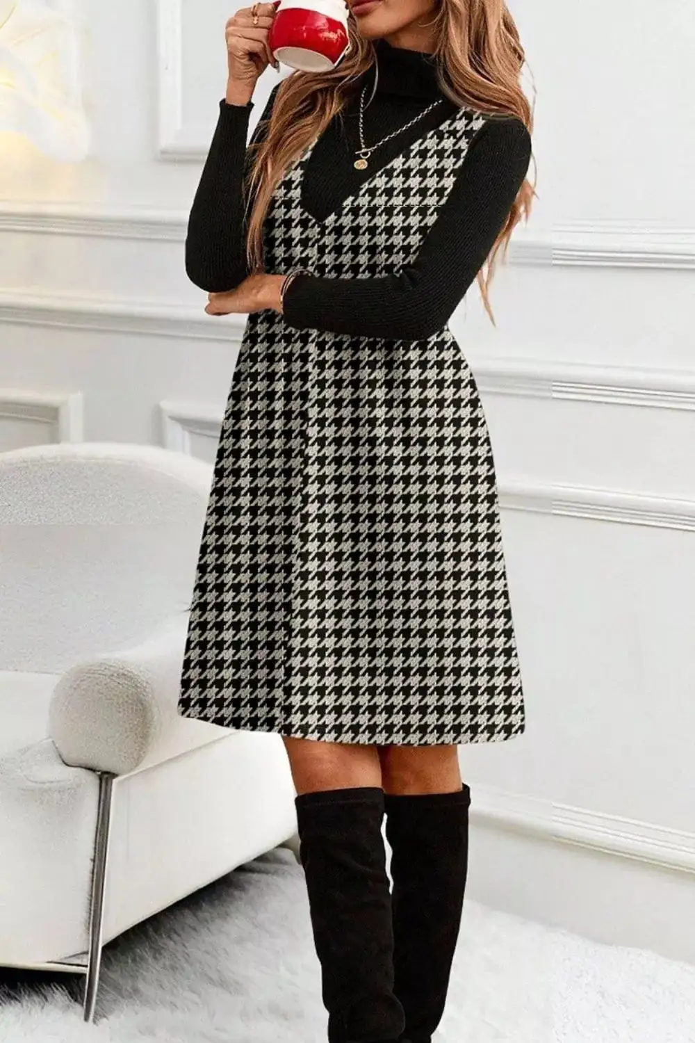 Houndstooth V-Neck Sleeveless Mini Dress