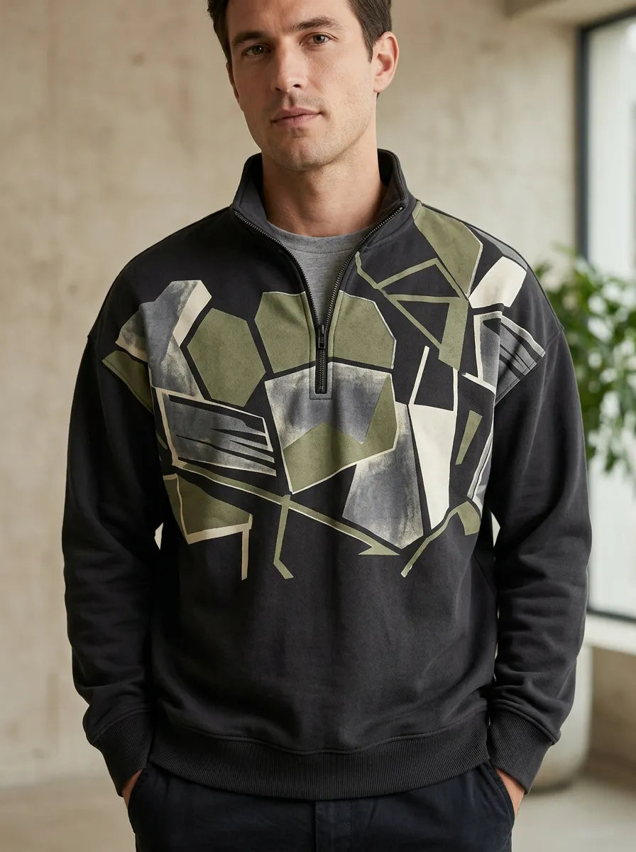 Casual Panel Half-Zip Geometric Abstract Men's Half-Zip Sweatshirt