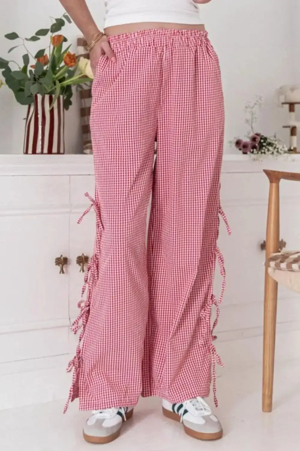Tie Waist Pocketed Side Tie Slit Detail Pants