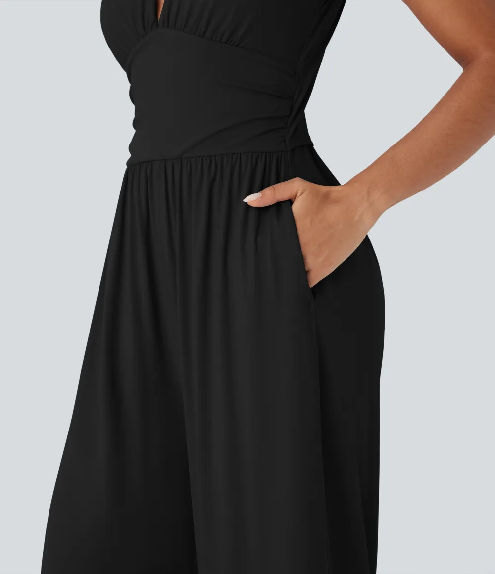 SoftlyZero Airy V Neck Sleeveless Ruched Pocket Cool Touch Casual Jumpsuit-Easy Peezy