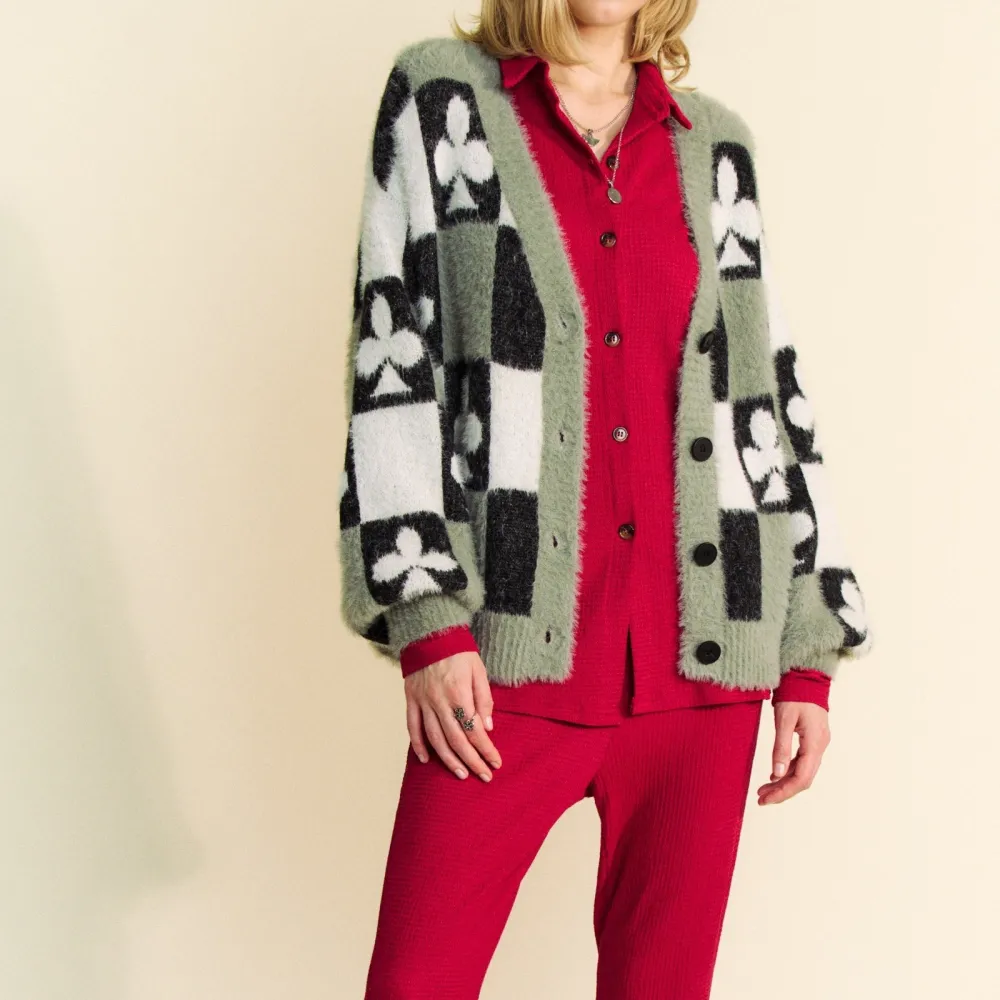 Ribbed Button Front Checkered Clover Print Cardigan