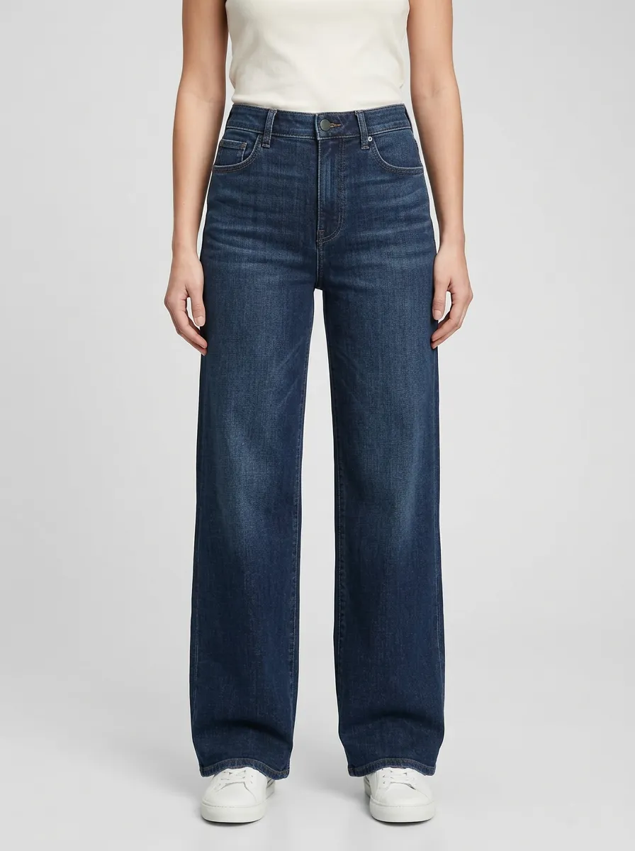 Women's Faded Contrast-Stitch Wide-Leg Stretch Jeans