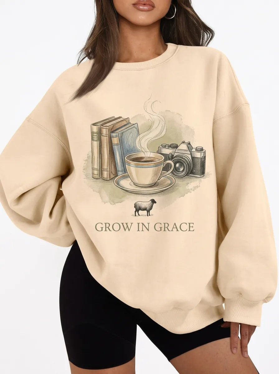 Women's Christian Book Coffee Camera Sheep Graphic Sweatshirt