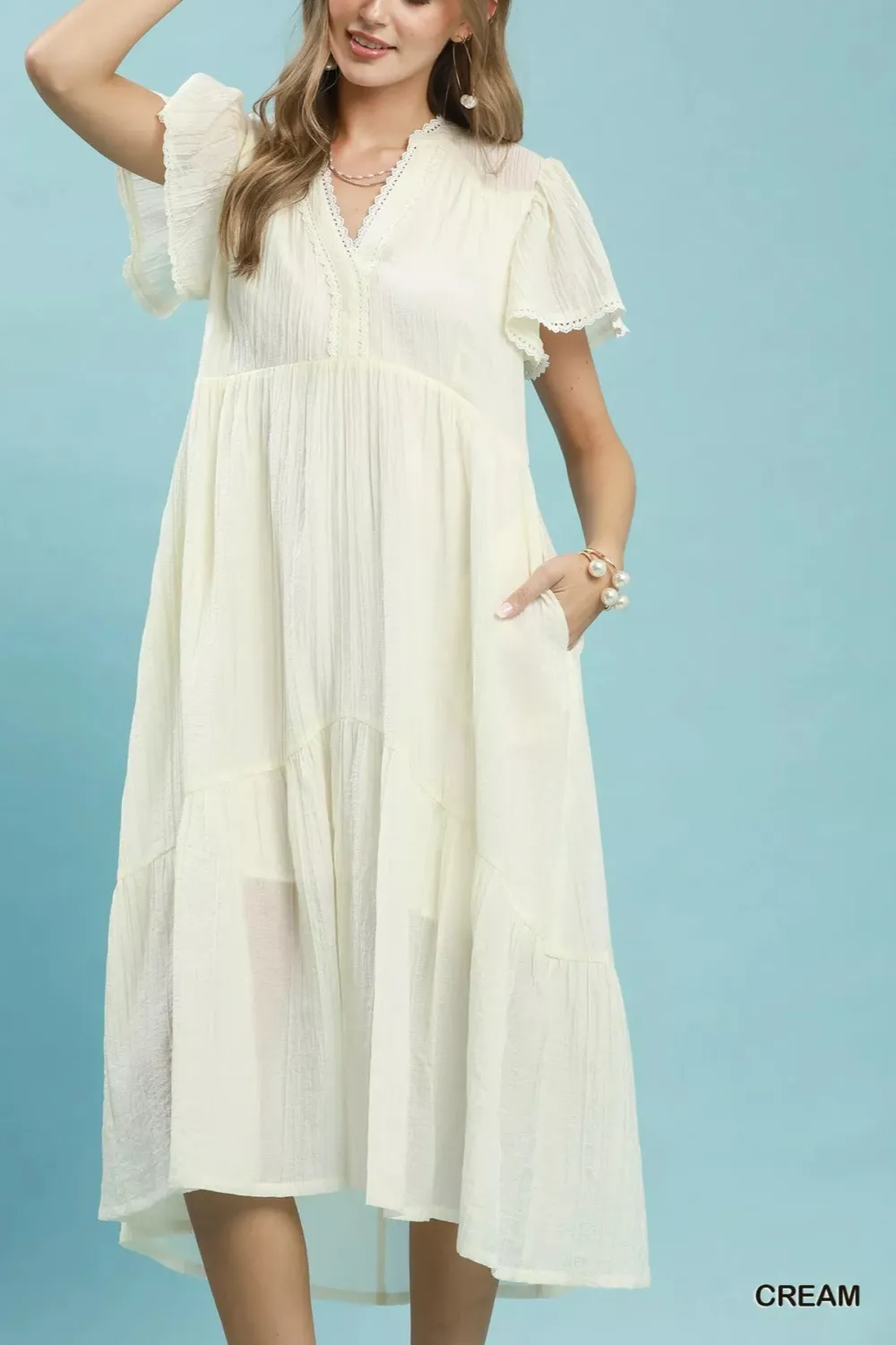 V-Neck Tiered Lace Trim Pocketed Midi Dress