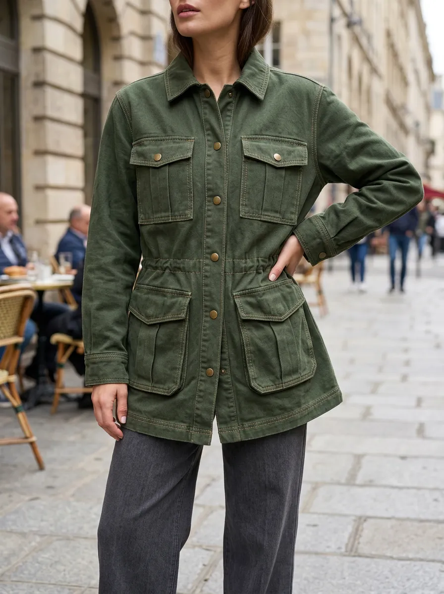 Women's Olive Green Utility Pocketed Jacket