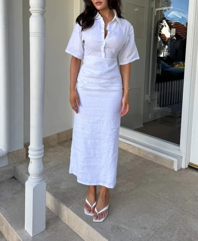 White Ruched Midi Dress