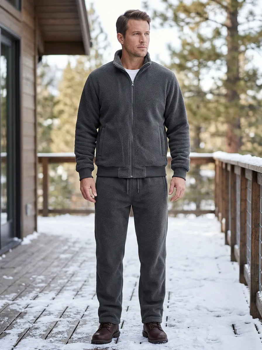 Men's Winter Fleece-Lined Jacket and Pants Set with Ribbed Cuffs