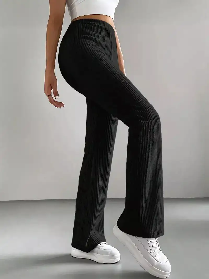 Classic Ribbed Knit High Waist Flare Pants
