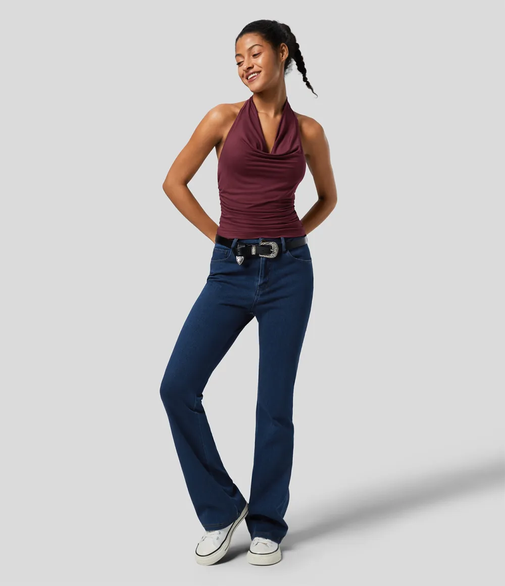 Halter Cowl Neck Backless Ruched Casual Tank Top