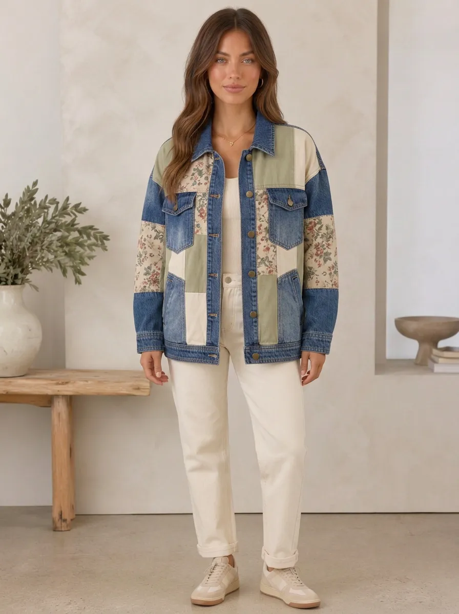 Women's Vintage Floral Patchwork Denim Printed Jacket