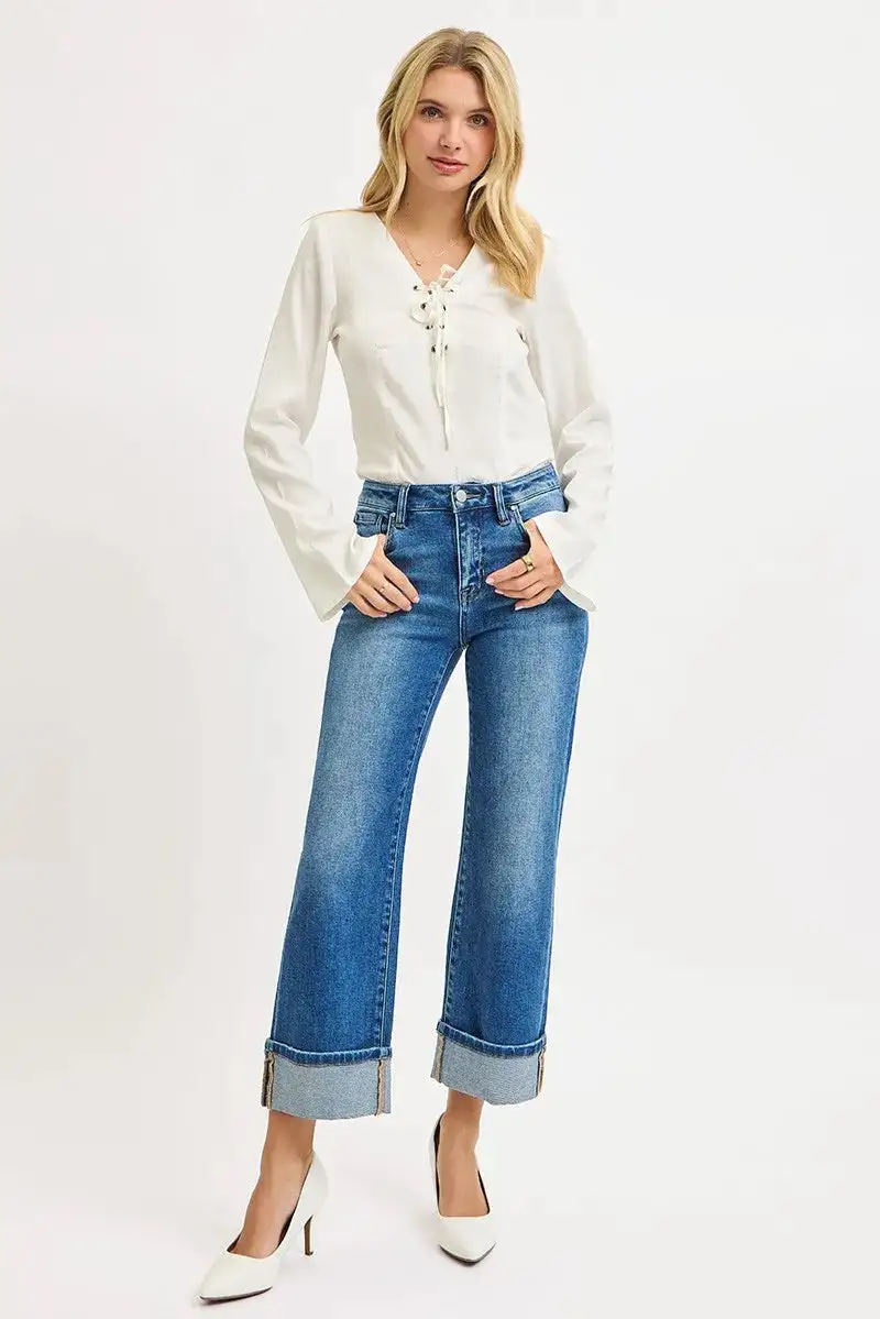 Modern Mid Rise Straight Leg Cuffed Denim Jeans