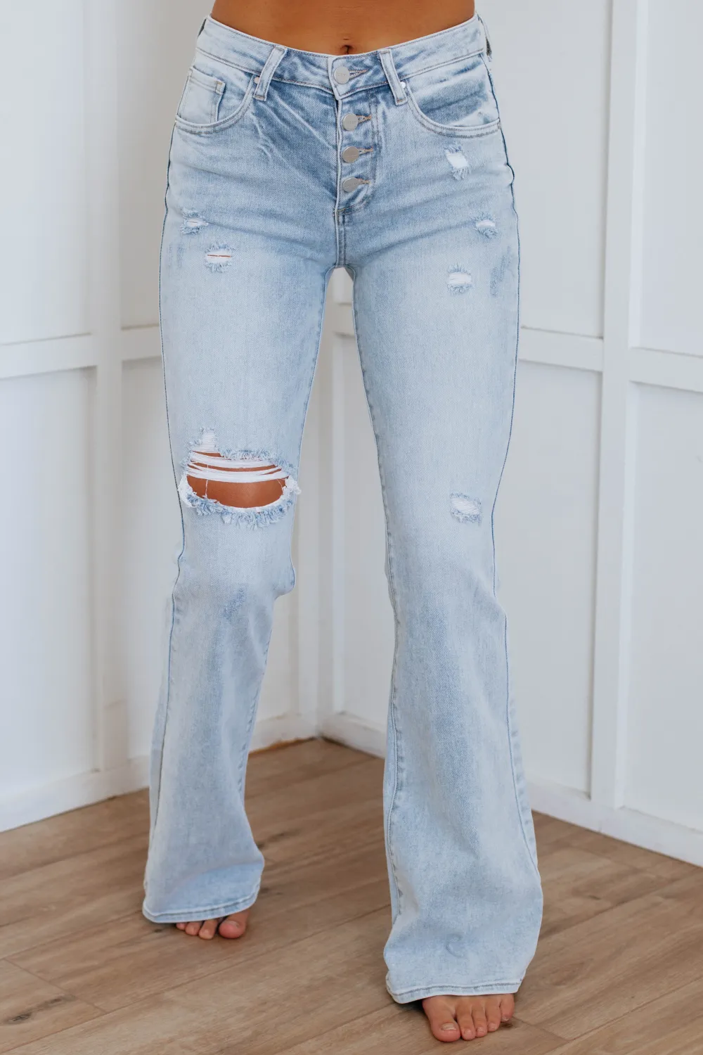 Women's Mid Rise Flared Leg Distressed Jeans