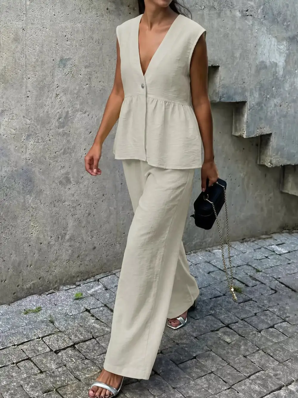 One Button Top and Wide Leg Pants Set