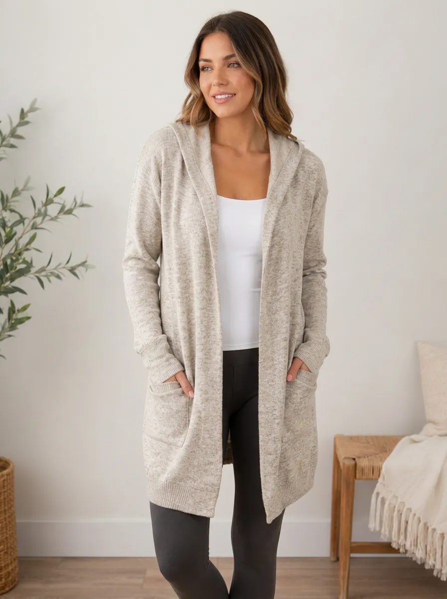 Women's Casual Heathered Beige Hooded Open Front Cardigan