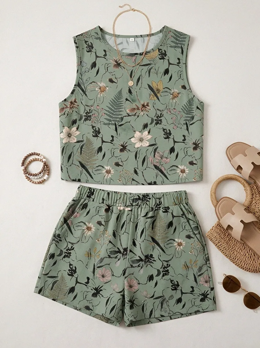 Women's Botanical Garden Floral Printed Sleeveless Shorts Set