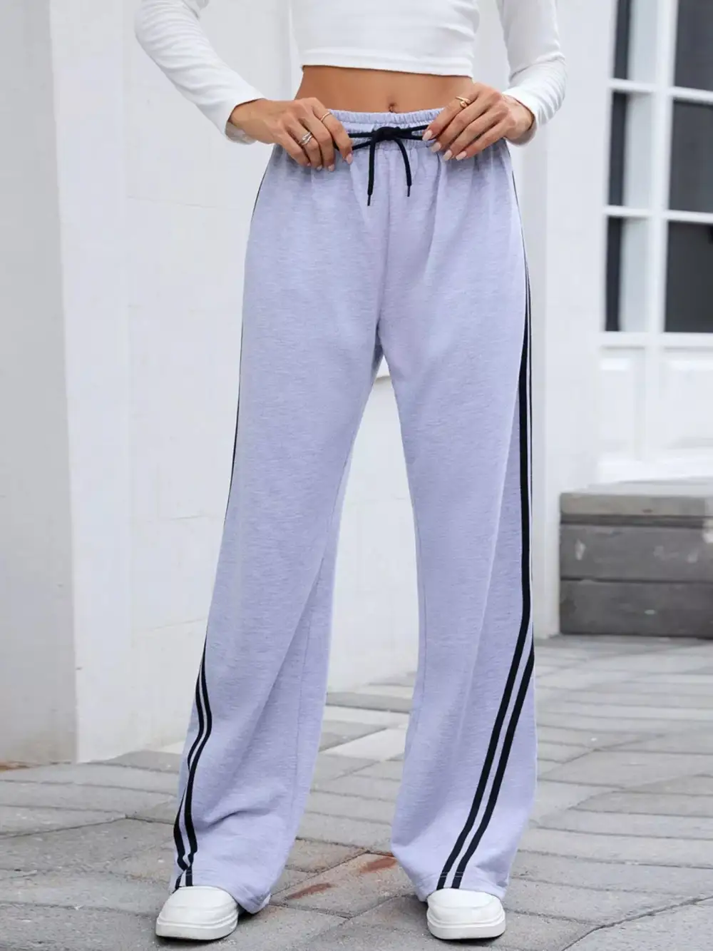 Wide Leg Striped Drawstring Everyday Pants