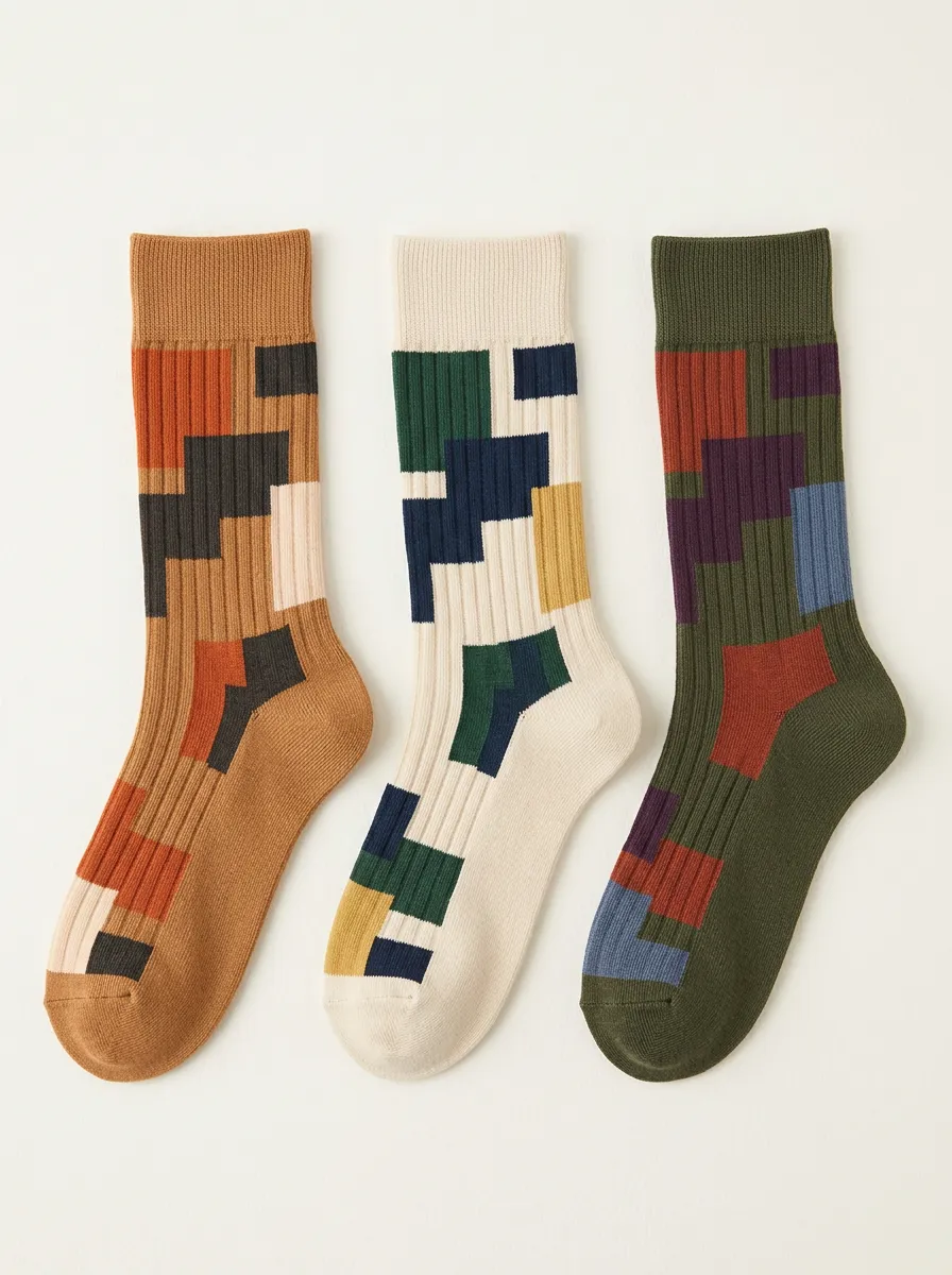 Men's Color Blocks Geometric Shapes Crew Sock Trio