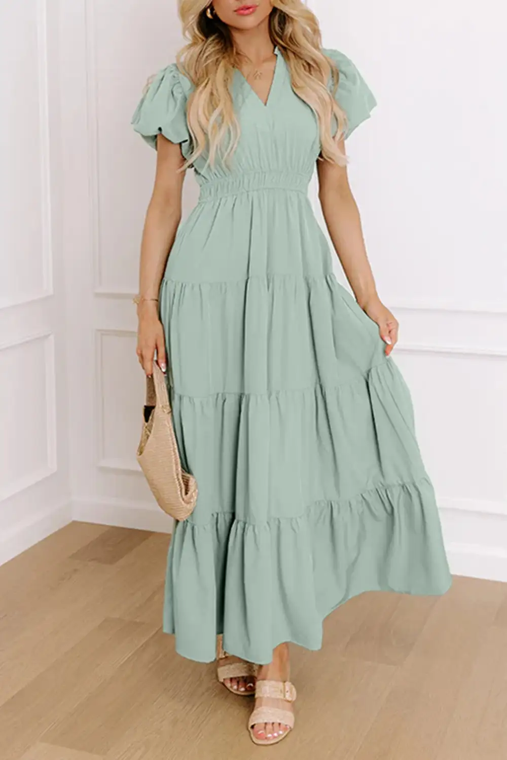 Clearly Aqua Solid Color V Neck Short Puff Sleeve