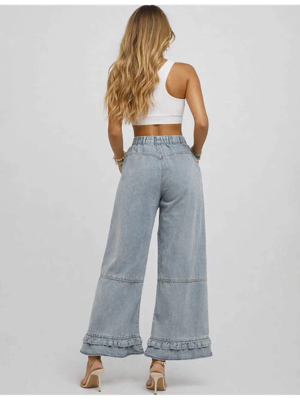 Ruffle Hem Jeans Elastic Waist Wide Leg Denim Pants