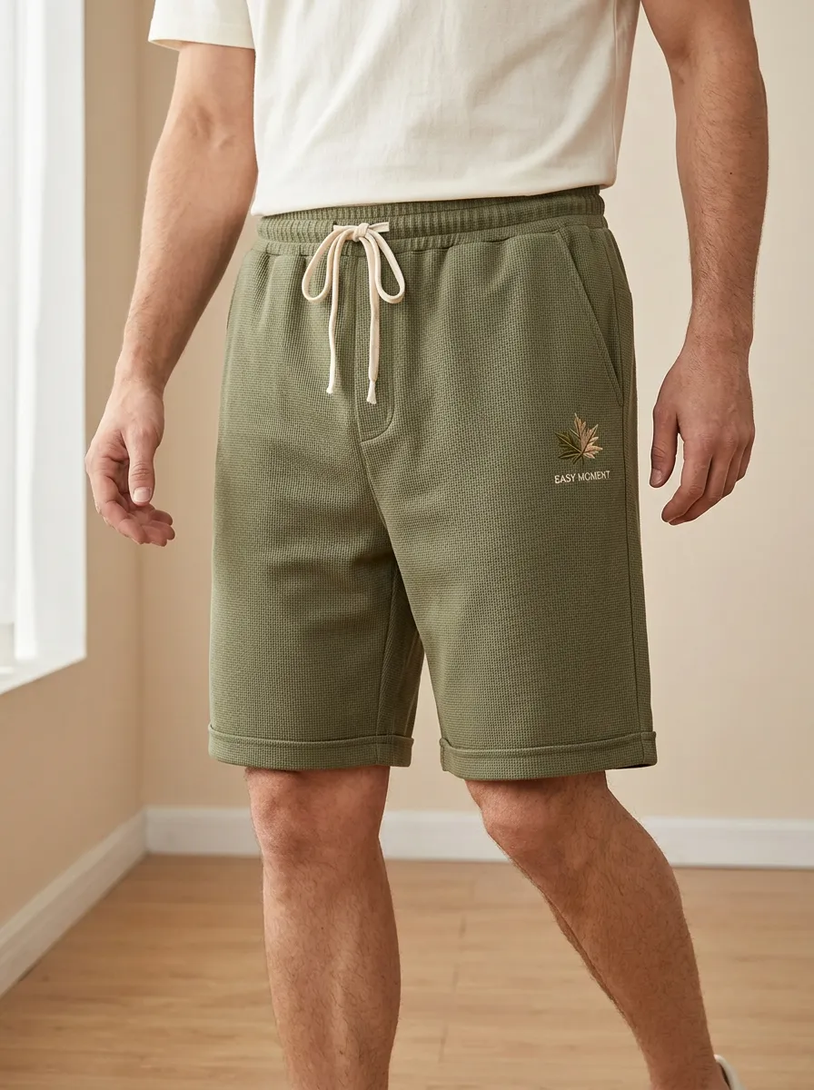 Olive Waffle Knit Drawstring Shorts