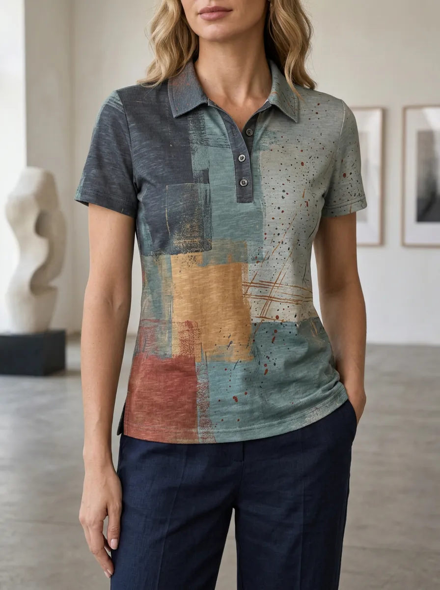 Women's Abstract Art Color Block Splatter Printed Polo Shirt