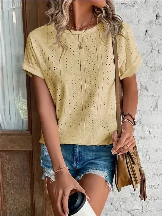 Women's T shirt Tee White Eyelet Tops Light Blue Black White Plain Cut Out Short Sleeve Daily Weekend Basic Round Neck Regular Cotton S