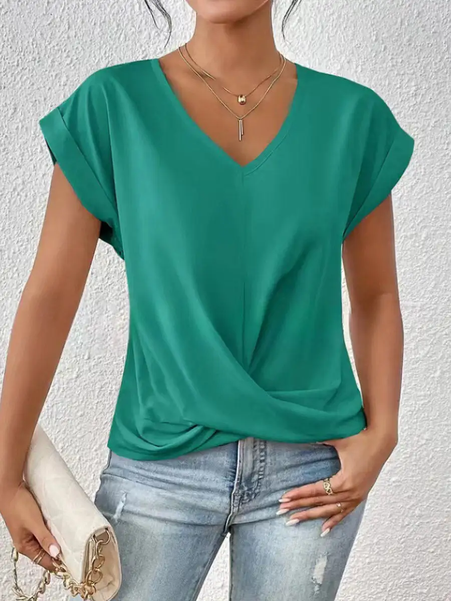 Relaxed Short Sleeve Pleat Detail V-Neck T-Shirt