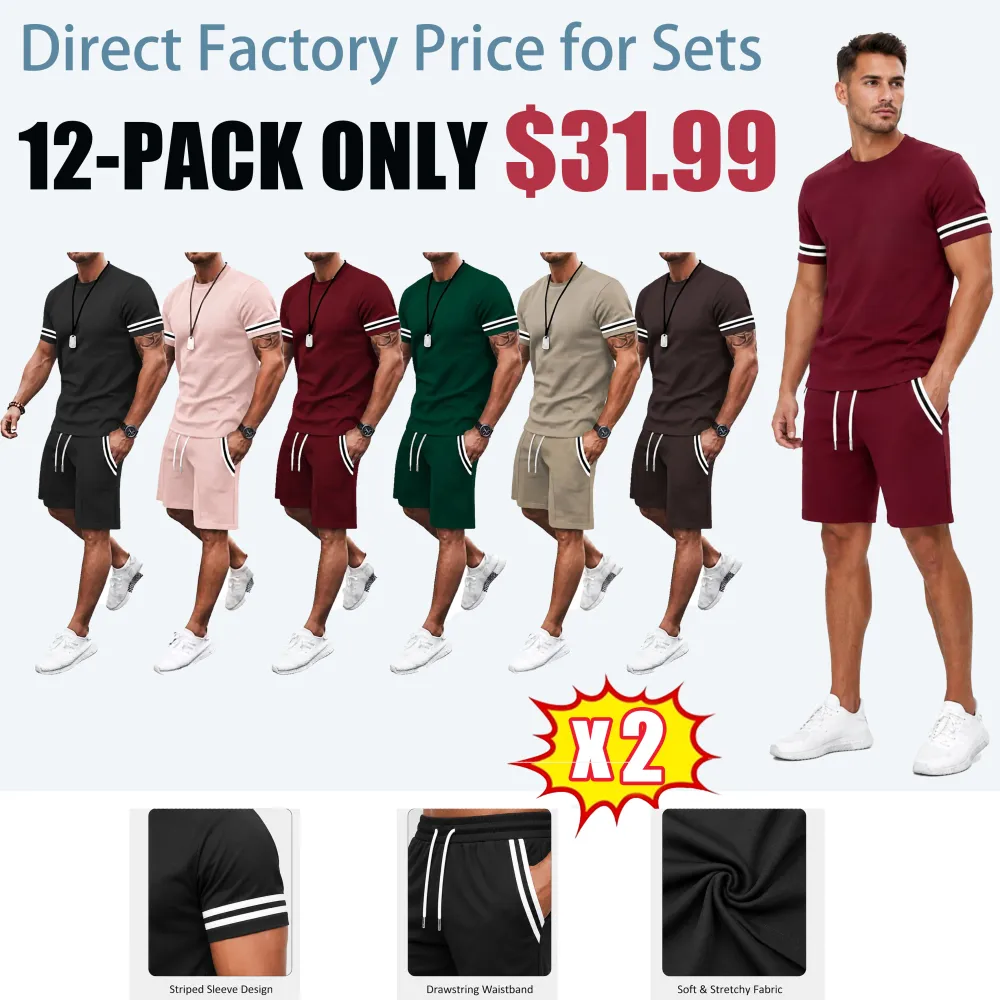 Men's Two-Piece Set: Color-Contrast Trim T-Shirt and Drawstring Shorts