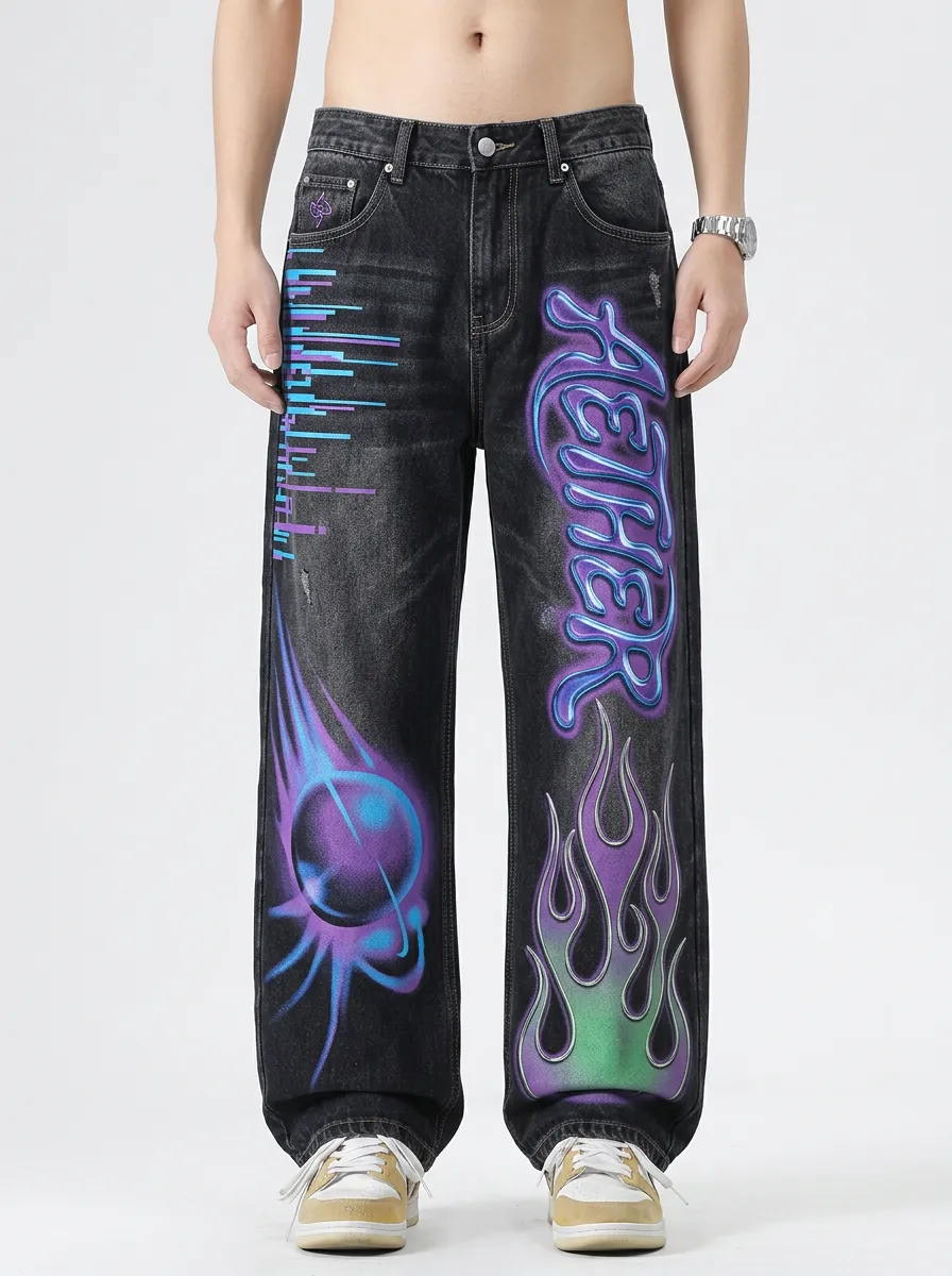 Men's Streetwear Aether Flame Graphic Printed Baggy Jeans