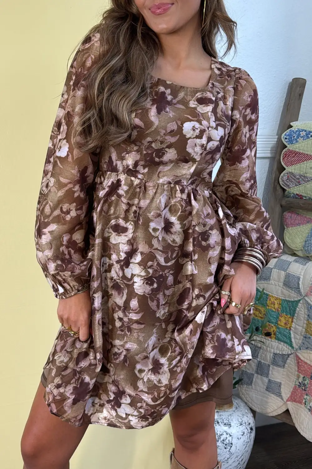 Women's Floral Print Square Neck Long Sleeve Shift Mini Dress