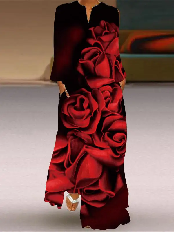 Loose Floral Printed Long Neck Maxi Dress