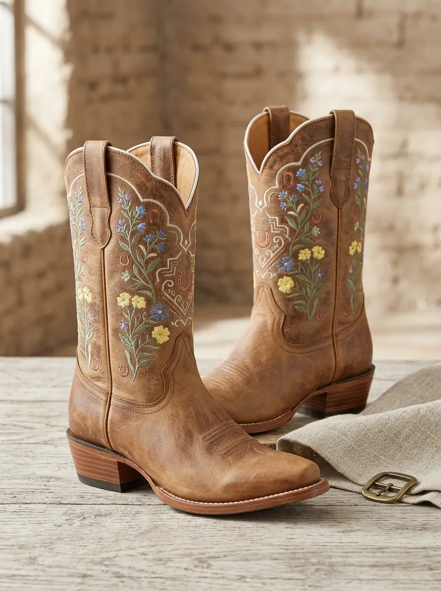 Frontier Floral Horseshoe Embroidered Trail Look Unisex Western Cowboy Boots