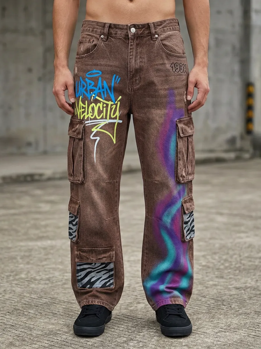 Men's Streetwear Graffiti Zebra Print Airbrushed Graphic Cargo Jeans
