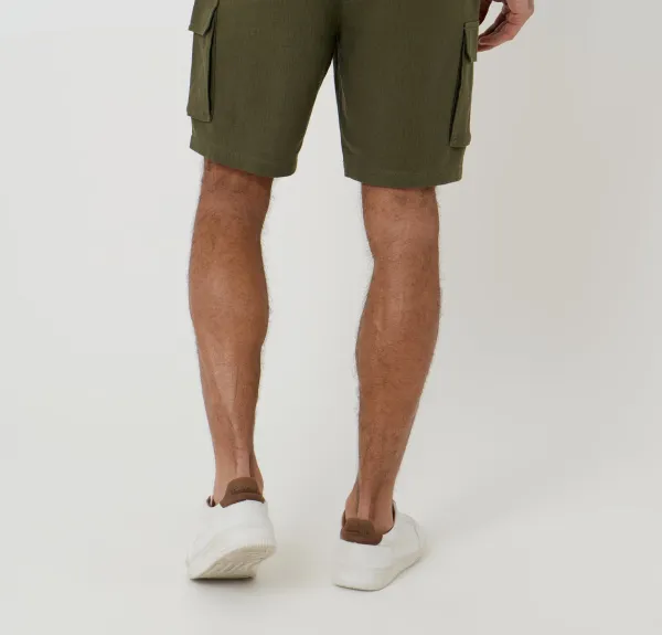 Men's Khaki Green Linen Blend Cargo Shorts