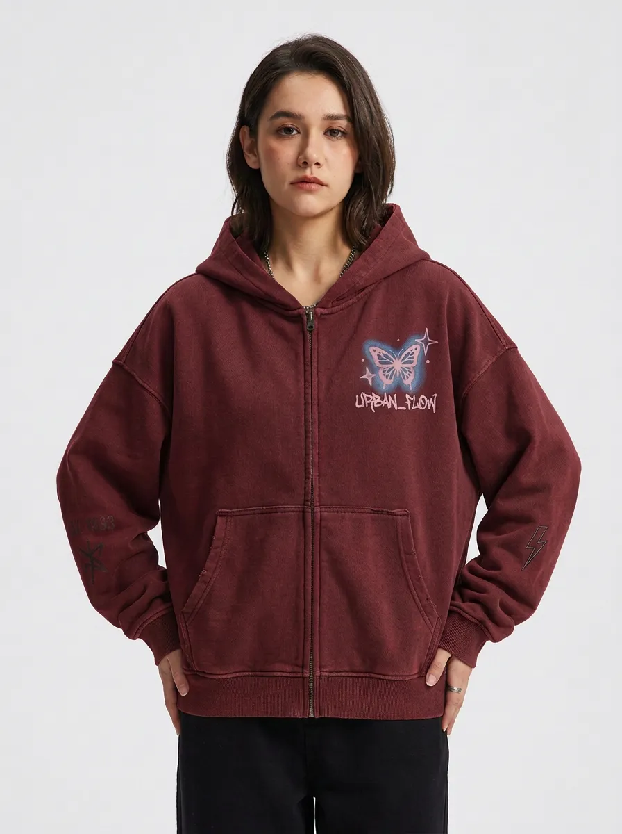 Women's Streetwear Urban Flow Butterfly Printed Zip-up Hoodie
