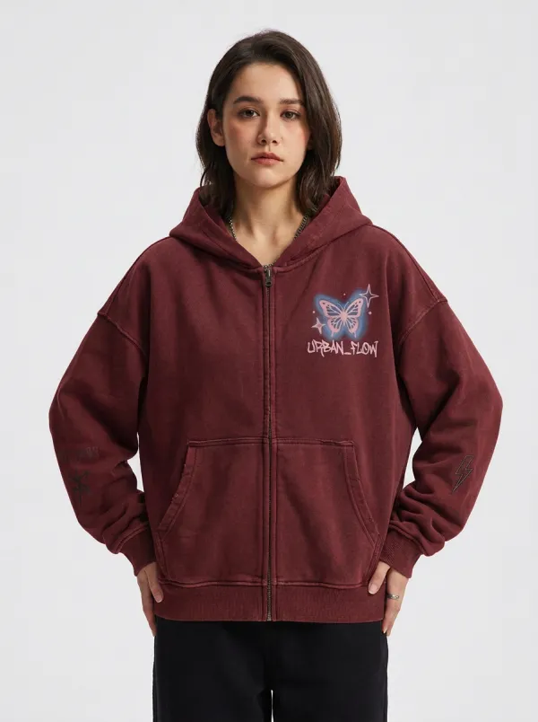 Women's Streetwear Urban Flow Butterfly Printed Zip-up Hoodie